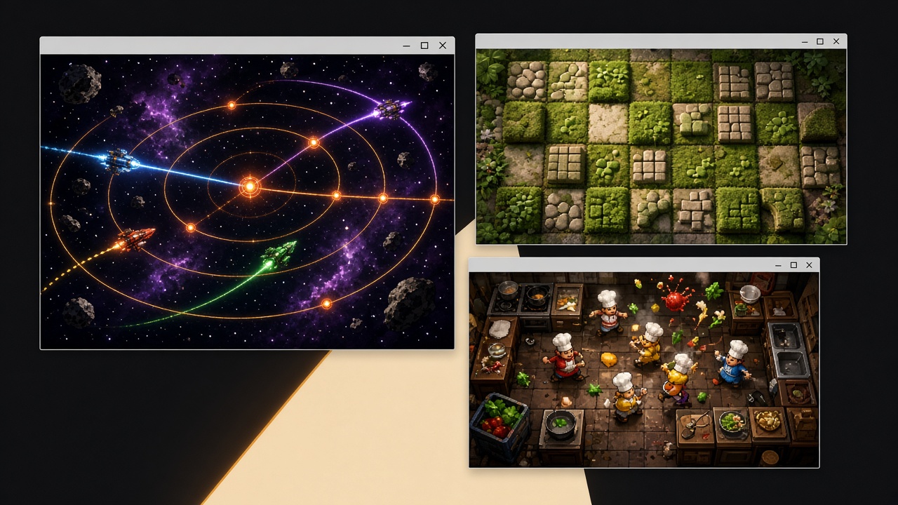 Illustrative gameplay from a space relay game, a tile puzzle, and a multiplayer cooking game